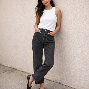 Madewell Perfect Vintage Straight Jeans 24 Black Wash High Rise Raw Hem